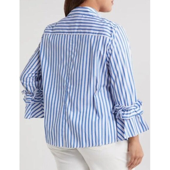 NWT Harshman Ruffle Sleeve Selina Button Down Blouse Indigo Stripes Plus Size 1X - Picture 4 of 7